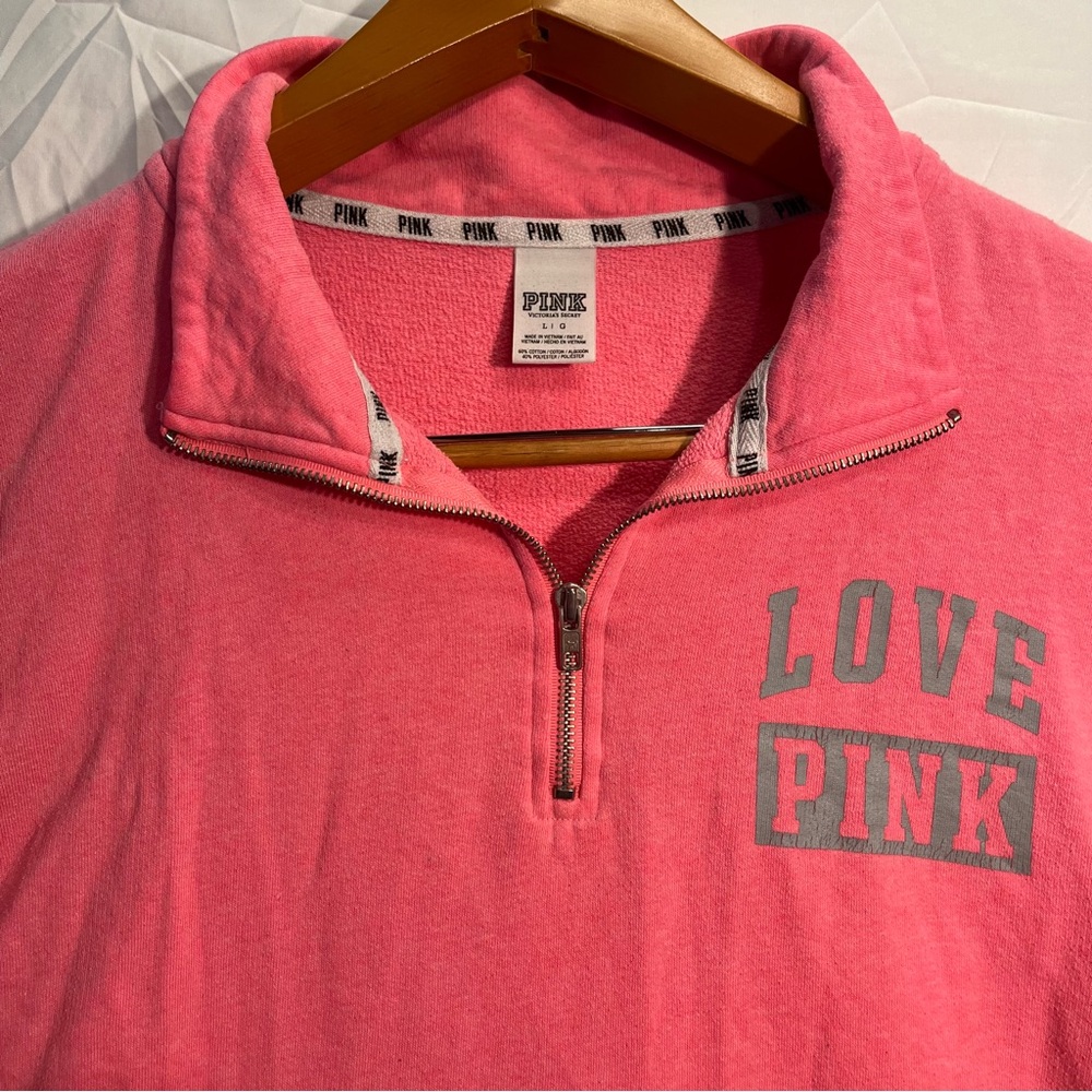 Victoria's Secret PINK Sweatshirt L Bright Pink Logo Pullover 1/4 Zip Love Pink